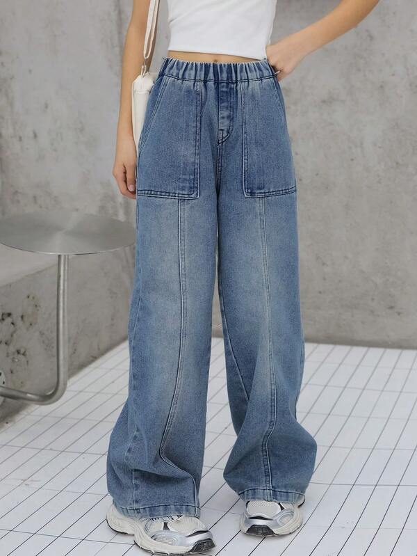 Tween Girls' Casual Fashion Spring/Autumn Pocket Straight-Leg Jeans
