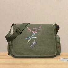 Bolso bandolera grande de lona con diseño de gato o libélula para mujer, ideal para uso diario, escuela y trabajo. - Verde claro - Ver 2