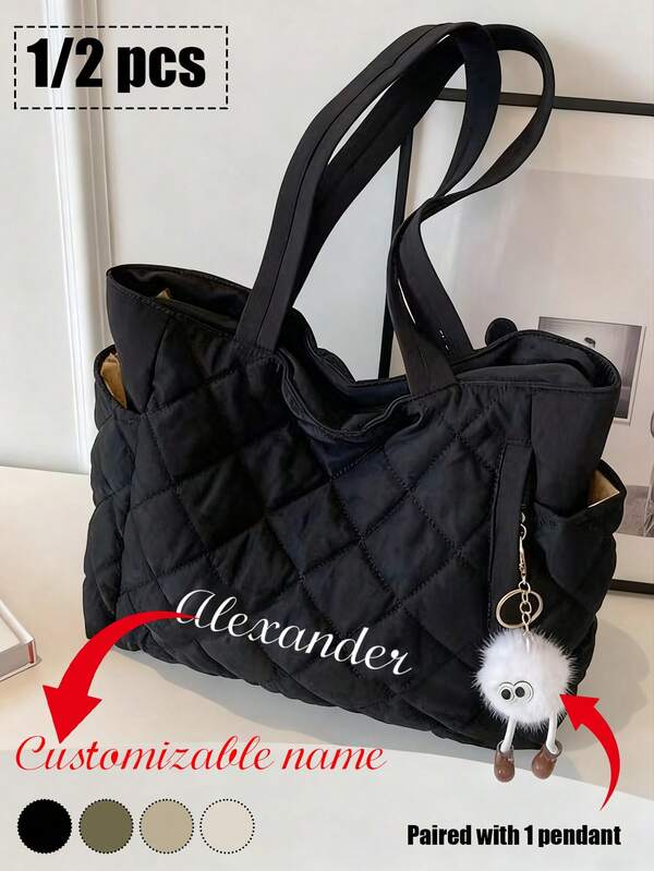 Customizable Name Diamond Grid Cotton Jacket Shoulder Bag | Korean Style Large Capacity Lightweight Tote Bag For Women & College Students | Fall Winter Fashion Essential, Bookbag, Work Tote, Gift With Free Charm | Study, Library, Campus, Trng | Eco-Friendly, Aesthetic, Spacious, , Casual Daypack, Christmas Birthday Gift Idea