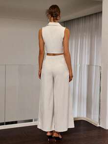 Sollinarry Women's Summer New Fashion Vest And Loose Pleated Wide-Leg Pants Casual 2 Pieces Set, Vacation 2 Pieces Set - Gray Apricot - View 2