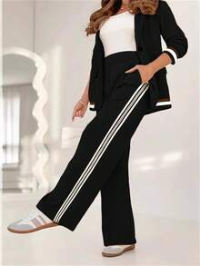 2pcs Solid & Striped Blazer Jacket And Wide Leg Straight Pants Set, Women Office Casual Suit - Black - View 5