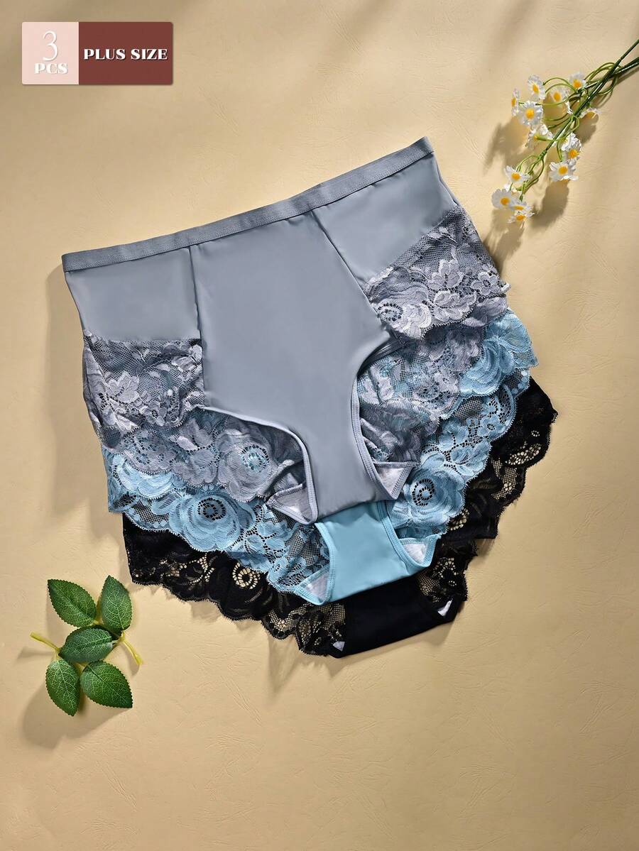 3pcs/Pack - Plus Size Women's Solid Color Lace Patchwork Comfortable Smooth Fabric Panties - Multicolor - View 1