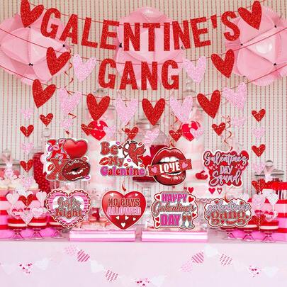 1Set,Happy Galentine's Day Decorations DIY String Red Glittery Heart Banner Valentines Day Sign Ladies Girls Birthday Party Photo Prop Supplies,Galentines Day Girls Night Party Decorations, Galentines Day Decorations, HGB Valentines Day For Girls Ladies Galentine's Day Decorations
