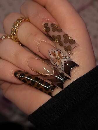 24 Pcs French Tip Leopard Nails With Pink 3D Gel Flowers, Extra-Long Square Nails, Ripples And Small Gold Beads, Spicy And Stylish Girl Style Includes: 1pc Jelly Glue And 1pc Nail File, For Woman & Girl Daily Wear Rave Party Use Nail Supplies Nails