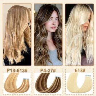 Extensiones de cabello humano con cinta adhesiva, cabello liso sin costuras, cinta adhesiva invisible, color marrón chocolate a rubio caramelo, 20 piezas 50G/paquete