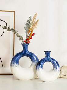 Handmade Ceramic Blue & White Gradient Hollow Vase Set, Artisan Crafted Porcelain Decor Vases For Dried Florals, Modern Home Decor Accent For Living Room Bedroom,Minimalist Table Centerpiece - Multicolor - View 2