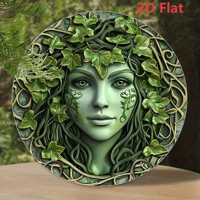 2D Flat Green Tree Female Face Round Aluminum Metal Sign - 1 Piece, 8x8inch Flat Wreath Decoration - Wall Art, Dormitory Decoration, And Halloween, 2D Flat