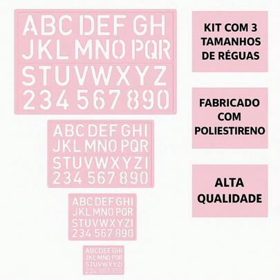 Kit régua normógrafo Acrinil de Poliestireno régua escolar de letras Com 3 Unidades