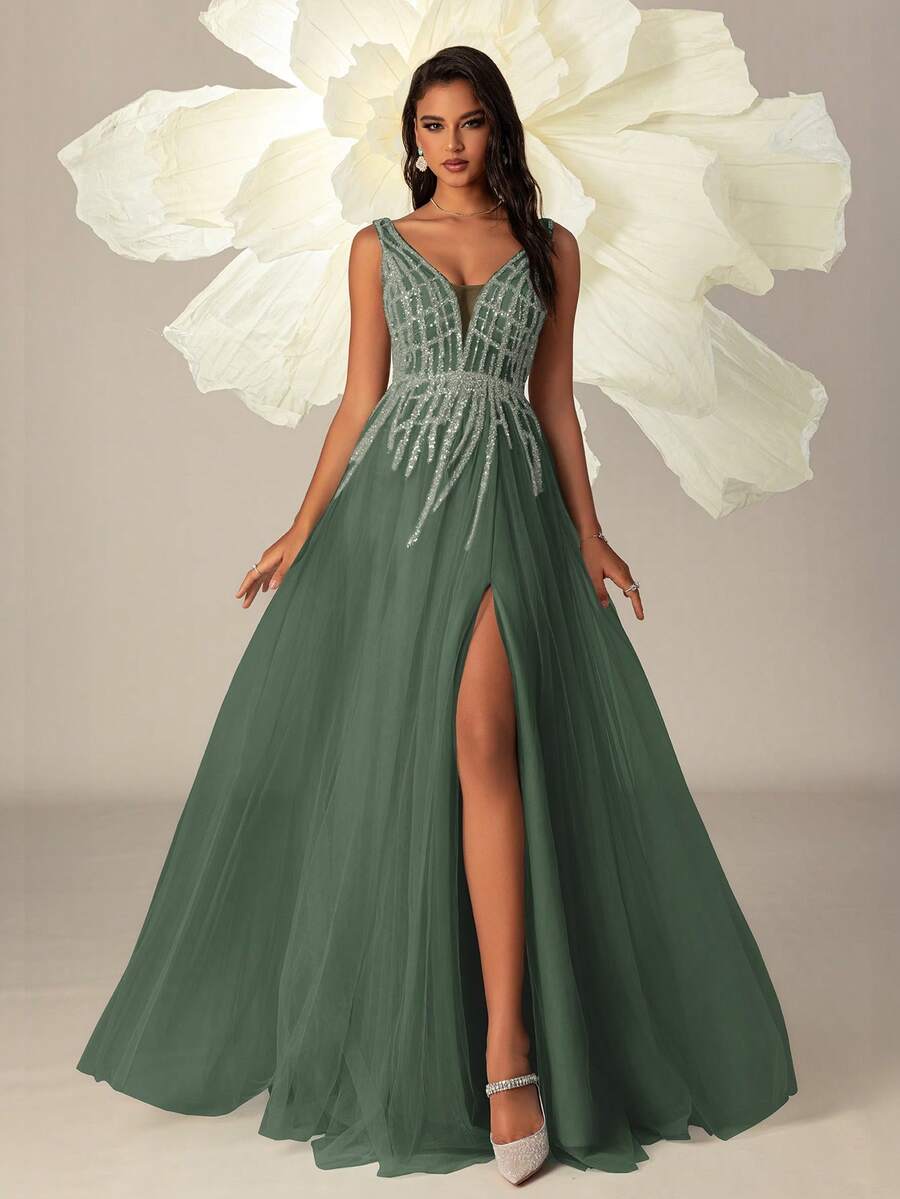 VIPGIRL Elegant Green V-Neck Sequin Sheer Formal Evening Gown, High Slit A-Line Ballgown, Women Long Sleeveless Mesh Dress - Dark Green - View 1