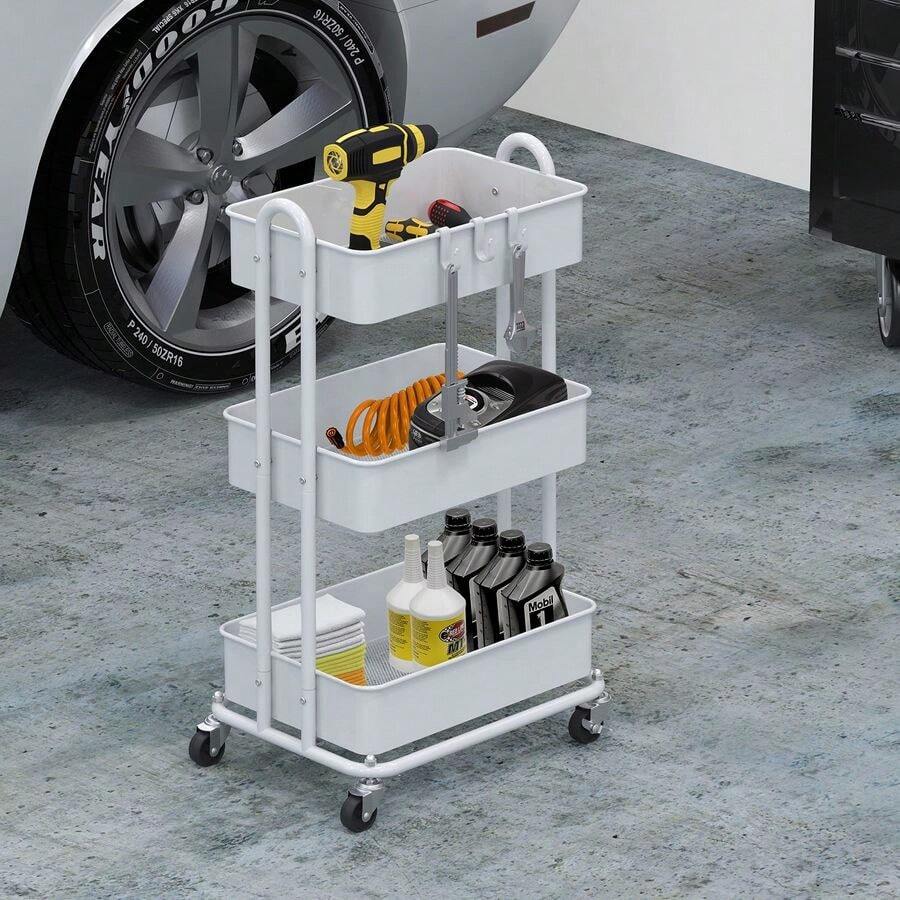 3 Tier Trolley, Metal Utility Cart, White - White - View 1