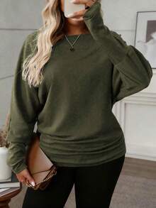 KINGLOW Blusa de manga larga de unicolor y estilo minimalista para mujer de talla grande, prenda de vestir casual de uso diario para otoño, blusa verde para primavera - Verde militar - Ver 8