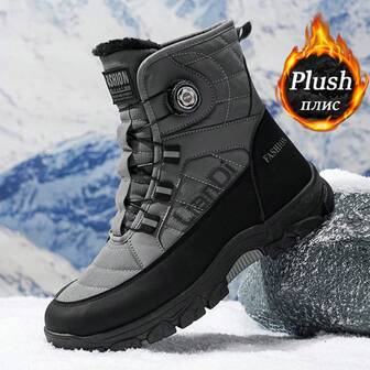 Men's Snow Boots, New Winter High-Top Thick Thermal Lined Warm Boots, Thick Sole Anti-Slip Leather Boots, Outdoor Hiking Shoes, Featuring Classic Rotary Buckle Design, Mid-Calf Fur Collar Outdoor Anti-Slip And Cold-Resistant Boots, Suitable For Wearing In Cold Workplaces And Snowy Environments