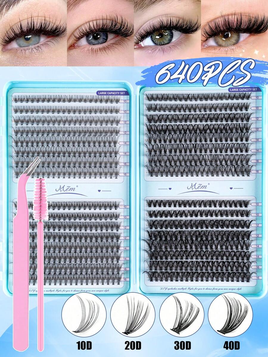 640pcs/Set Cluster False Eyelashes, 10D/20D/30D/40D/50D/60D Mixed Synthetic Mink Hair Lashes, 0.07mm Curl, 10-16mm Length, Including Natural Look Lashes, 3D Russian Volume, Suitable For Beginners, Reusable, Essential For Home Use, Individual Lashes, Suitable For Travel, Daily Wear (Suitable For Beginners), Wedding, Date, Party, Holiday, Ideal As Christmas/Halloween/Gift Eyelash Set - D - 查看 1