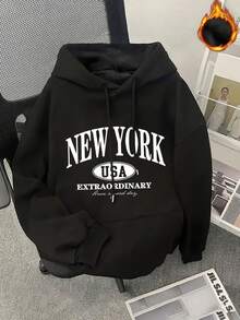 Sudadera con capucha casual para mujeres con estampado "New York USA Extraordinary" - Sudadera con cordón acogedora, espalda con letras blancas, mangas largas, comodidad de temporada A, sudadera casual | Sudadera con capucha | Ajuste cómodo, sudadera para mujeres, camisa para mujeres, sudadera con capucha para mujeres, sudadera blanca para mujeres - Negro - Ver 3