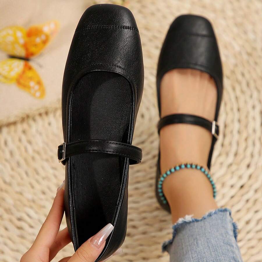 Damen Mary Jane Schuhe, Flache Schuhe mit niedrigem Schaft und Schnalle, neue koreanische Version für Frühling/Sommer mit quadratischer Zehenform, weicher Sohle und bequemen Loafers - Schwarz - Übersicht 1