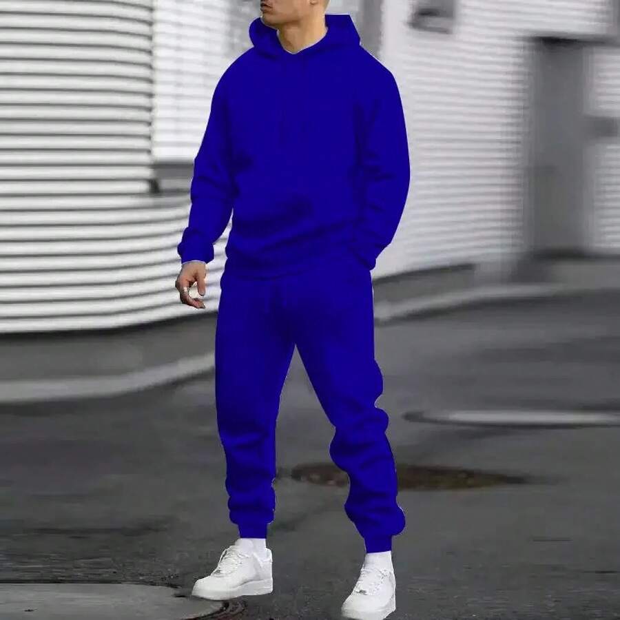 Men's Autumn Suit Casual Sports Solid Color Hoodie Men's Two-Piece Set Loose Sweatshirt Men's Clothing - 寶藍色 - 查看 1