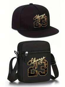 1pc/2pcs Classic Chicago 23 Letter & Number Gold Print Unisex Flat Brim Hip Hop Baseball Cap And Crossbody Bag, Street Fashion Outdoor Sports Cap And Shoulder Bag, Adjustable, Great Gift For Yourself Or Friends