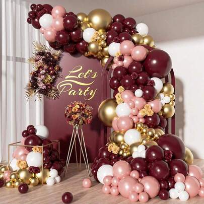 96pcs Burgundy Gold And Pink Balloon Arch Kit, Elegant And Luxurious Color Combo, Perfect For Valentine's Day, Weddings, Anniversaries, Birthdays, Proposals, And Party Decorations, Ideal For DIY Backdrop, Balloon Garland, Or Event Arch Setup.