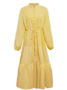 Women's Elegant Solid Color Button Waist Tie Knot Casual, Birthday Party, Formal Evening, Date Lantern Sleeve Hem Patchwork Dress, Autumn/Winter - Yellow - View 10