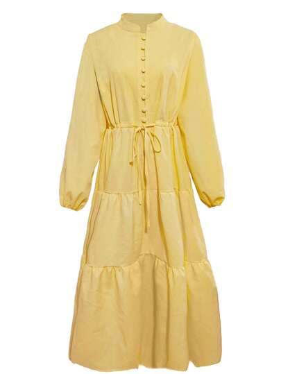 Women's Elegant Solid Color Button Waist Tie Knot Casual, Birthday Party, Formal Evening, Date Lantern Sleeve Hem Patchwork Dress, Autumn/Winter Spring