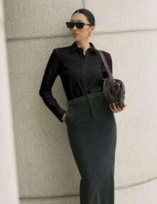 女士休闲百搭纯色单排扣翻领工作衬衫，适合商务会议、办公室着装、返校季、婚礼、生日派对、单身派对、情人节、新年等各种场合。 - 黑色 - 查看 2