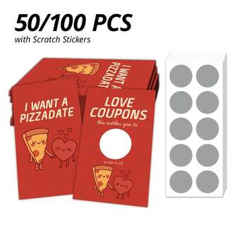 50/100张空白情人节奖励卡，“我想要披萨约会”字样，“爱心优惠券”卡片，9x5.4厘米/3.5x2.1英寸，情侣奖励道具，趣味情人节用品，DIY抽奖奖品，适用于网店、情人节礼物、礼品店、实体店情人节活动