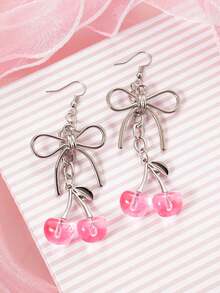 1 Pair Pink Cherry Blossom Earrings, Bow Pendant Earrings, Romantic & Cute Earrings, Suitable For Women, Valentine's Jewelry, Holiday Gift, For Girlfriend, Friend, Mother - Pink Cherry Earrings - View 5
