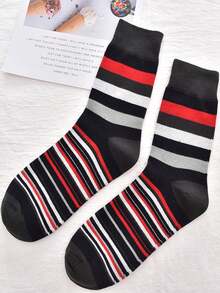 5 Pairs Of Men's Mid-Calf Socks, Plus Size, Classic Colorful Thick And Thin Striped Geometric Design, Sweat-Absorbent, Breathable, Moisture-Wicking, Versatile Casual Socks - Multicolor - View 3