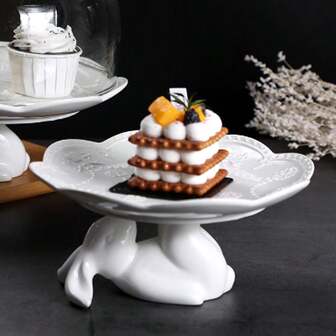 20 cm keramisk desserttallrik med kaninmotiv, serveringsfat i europeisk stil för eftermiddagste, bröllop, fester, restauranger, hem - fjärilspräglad design, lämplig för alla hjärtans dag, mors dag, Thanksgiving, jul