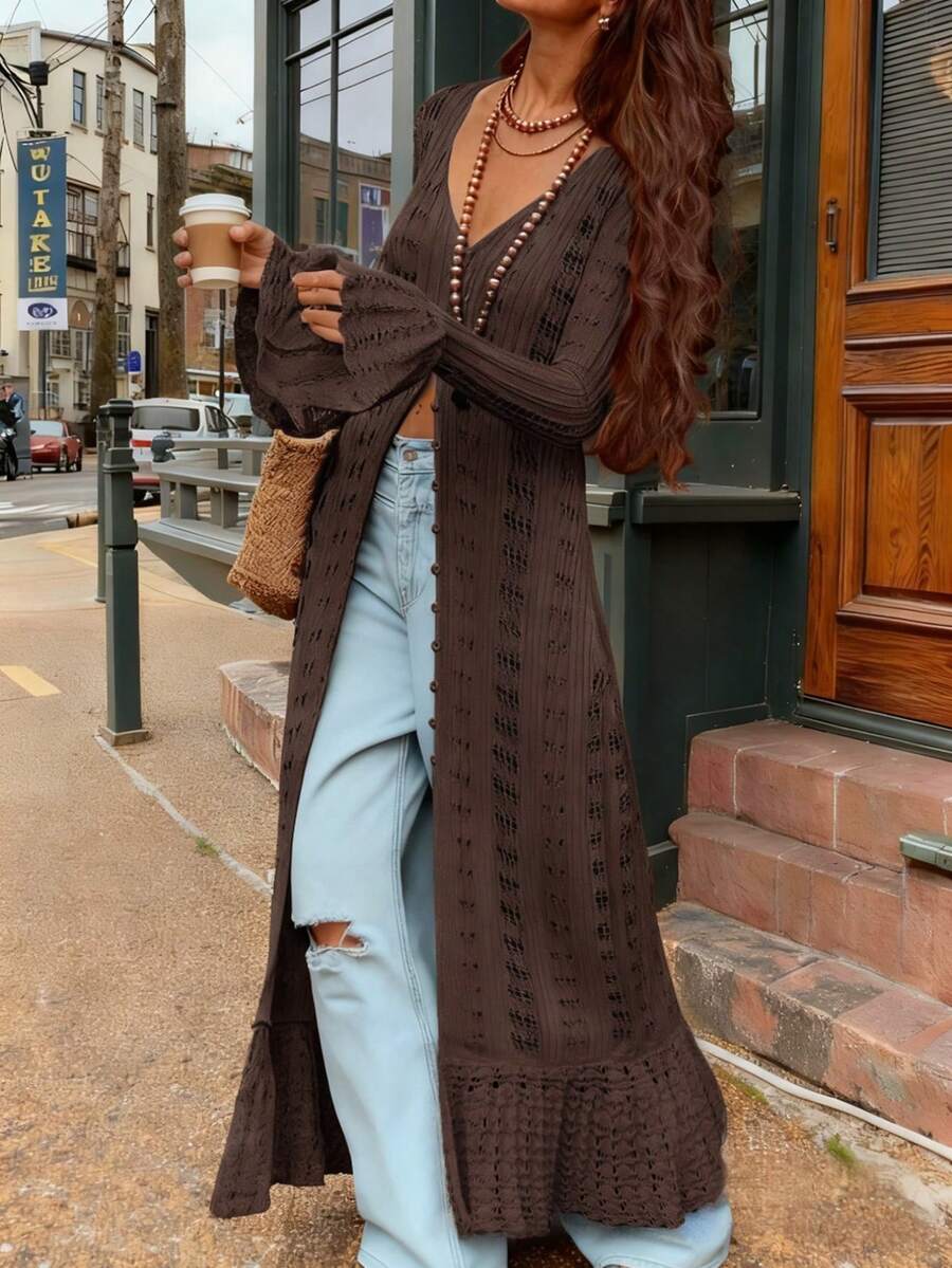2025 Autumn/Winter New Women's Daily Casual Holiday Long Sleeve Button Minimalist Elegant Crochet Ruffled Hollow-Out Long Cardigan, Women's Streetwear, Y2K Fashion Spring - Mocha Brown - View 1