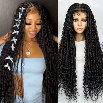 波西米亚风盒状编织假发卷发合成全蕾丝前部假发女士女神辫子假发勃艮第波西米亚盒状编织假发