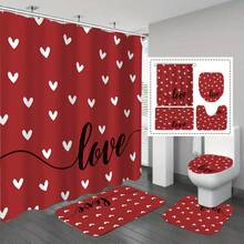 1/4 Pcs Heart Print Bathroom Curtain Set, Includes Shower Curtain, 12 Hooks, High Quality Bathroom Mat, Toilet Seat Cover, And U-Shaped Rug, Cartoon Decor, Machine Washable, Multiple Sizes Available