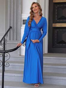 Irresista Maternity Simple Solid Color V-Neck Long Sleeve Dress - Blue - View 5
