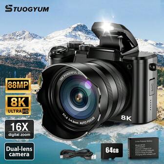  STUOGYUM 8K 88MP Digital Camera For Photography, Vlogging With Autofocus, LCD Touchscreen, 16x Digital Zoom, 1500mAh Battery, Dual Front And Rear Lenses, Lens Hood, Stabilization, 64GB Card, And Flash, Durable Build, Highquality Lens, For Christmas Gift, Black.