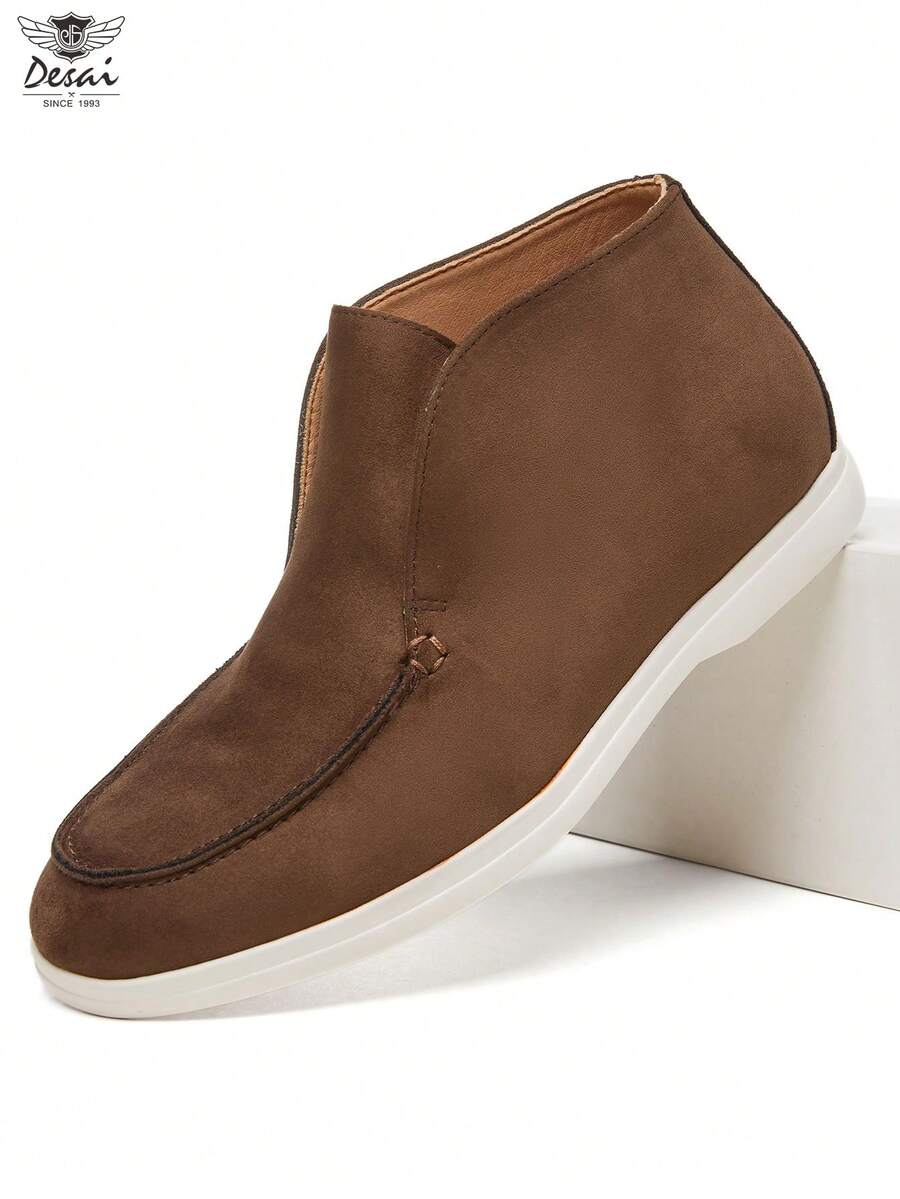 DESAI 1 Pair Men's High-Top Pigskin Suede Loafers, Casual Leather Slip-On High-Top Ankle Boots, Retro Flat Casual Ankle Shoes - Khaki - View 1