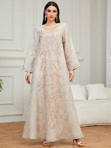 Kaftan/Jalabiya Longo Elegante Bordado Feminino, com Gola Redonda e Mangas Longas Regulares, Feito de Tecido Fluido Não Elástico, Ideal para Ocasiões Formais na Primavera - Damasco - Visão 2