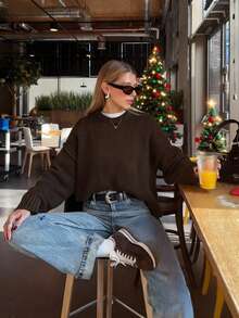 Korean Style Casual Loose Solid Color Round Neck Long Sleeve Versatile Daily Knit Sweater - Chocolate Brown - View 3