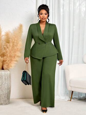 BIUBIU Plus Size Women's Long-Sleeved Suit, Elegant Suit With Slim Waist And Neckline, High Elastic Knitted Green Two Pieces Suit, Romantic Women's Suit For Winter And Autumn