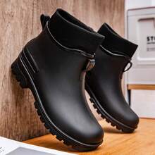 时尚固定式毛绒雨靴，男士低筒短筒雨靴，保暖防水防滑厚底耐穿鞋，适合学生、厨房、涉水、男女情侣穿着 - 黑色 - 查看 3