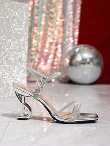 女士性感水钻踝带高跟凉鞋，防滑鞋底，适合婚礼、派对、晚宴、晚礼服或任何场合，时尚粗跟凉鞋 - 銀色 - 查看 5