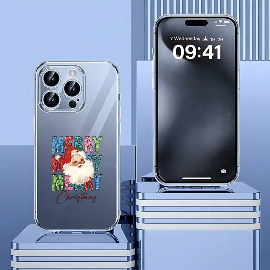 Cubierta de teléfono transparente para combinaciones de moda,Carcasa de teléfono transparente para iPhone con diseño de Santa Claus y texto Merry Christmas en colores vibrantes ideal para la temporada navideña Adecuado para teléfonos Apple y Galaxy. - transparente - Ver 1