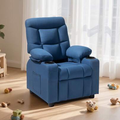 Kids Reclining Chair, Toddler Recliner With Cup Holders And Pockets, 107° To 126° Adjustable Backrest, Breathable Polyester Fabric Recliner Couch With Footrest, For Boys & Girls, Children(Blue)