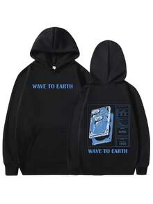 WAVE TO EARTH Hoodie Men's Pullover Sweatshirt Casual Fashion Oversized Hoodies Streetwear - 黑色 - 查看 1