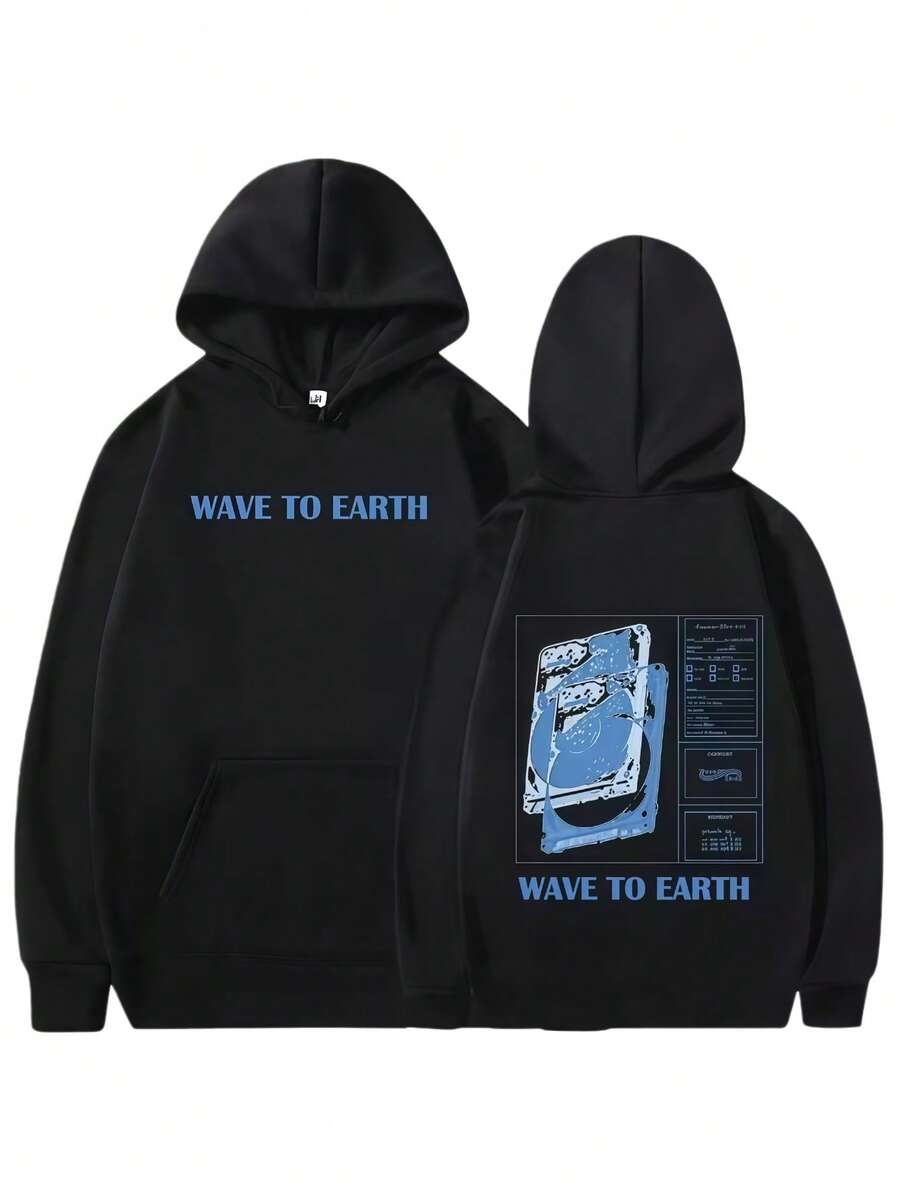 WAVE TO EARTH Hoodie Men's Pullover Sweatshirt Casual Fashion Oversized Hoodies Streetwear - 黑色 - 查看 1