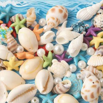 一套90件DIY手工贝壳串珠材料包 - 彩色贝壳、海星、人造珍珠混合装，适用于手工手链、项链、装饰工艺品，高光泽贝壳和可爱海龟造型