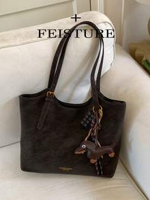 Large Capacity Daily Commute Shoulder Bag, Fashionable Tote Bag, Zipper Closure, With Pendant, Suitable For Daily Outing, Dating, Commuting - Coffee - View 11