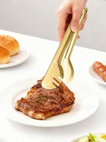 2pcs/4pcs Champagne Golden Stainless Steel Serving Tongs, 9" Easy Grip - Mirror Polished Half-Circle Bread Clamp Service Clips For Steak/Food, Perfect For Buffet & Parties, Kitchen Gadgets - Gold - View 2