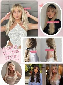 22英寸层次刘海假发，适合头发稀疏的女性 - 发尾微卷，采用合成纤维制成，易于佩戴 - 彩色 - 查看 6