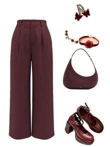 Quần tây ống đứng cạp cao kiểu vintage SMILE CHIC PETITE dành cho học sinh, chất liệu nhẹ, thoáng khí, dáng rộng, ôm sát, phù hợp cho đi làm mùa xuân/hè hoặc mặc hàng ngày mùa thu. - Đỏ - Xem 5