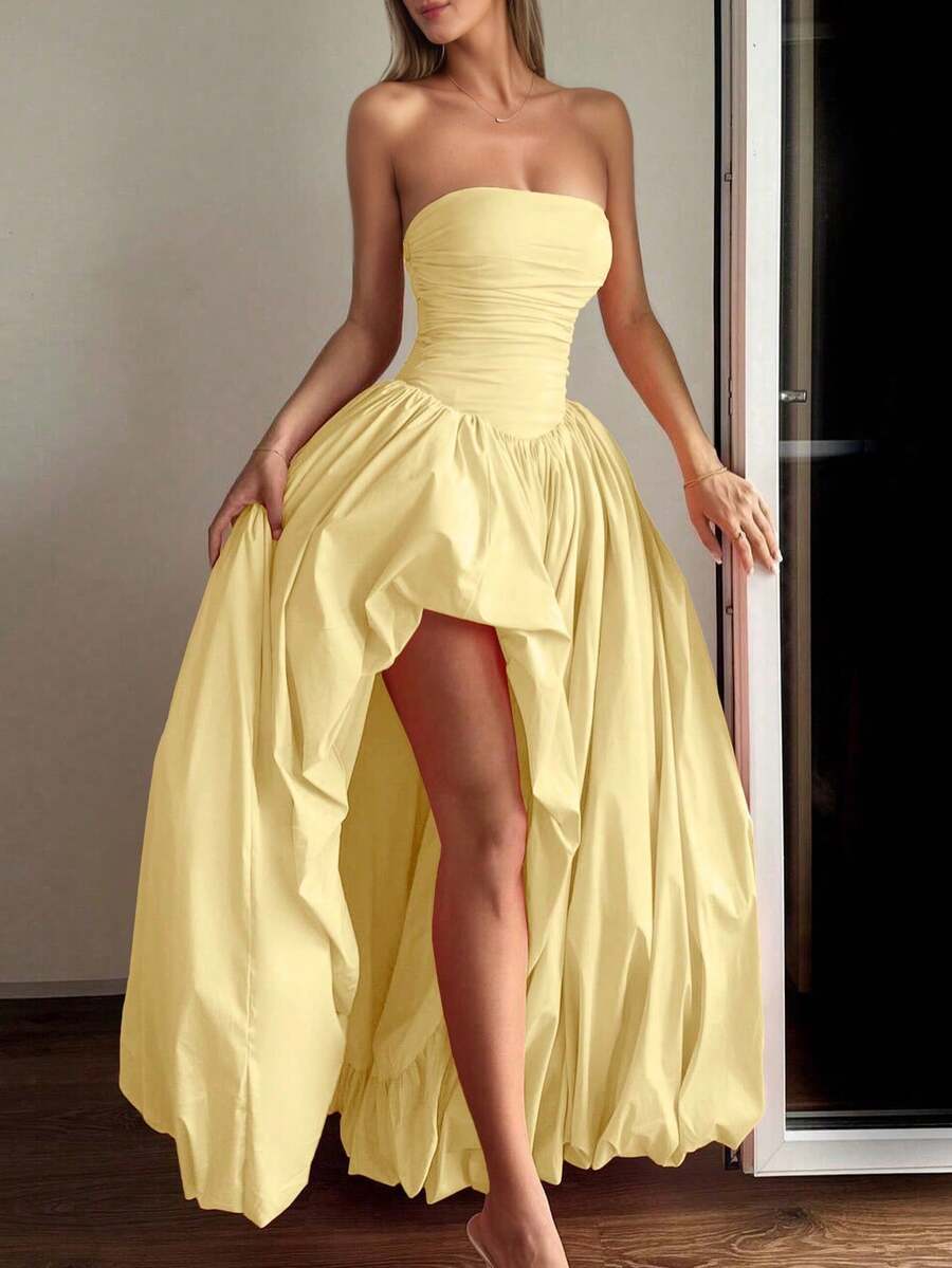 Elegant Sexy Asymmetrical Hem Strapless Yellow Women's Party Dress
